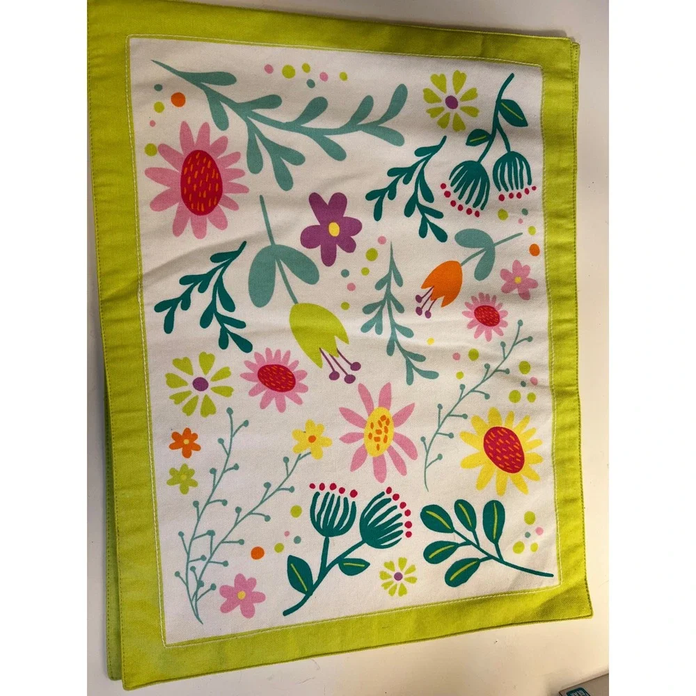 Handmade Set of 6 Floral Placemats Pink Yellow Green Reversible Botanical‎ Print